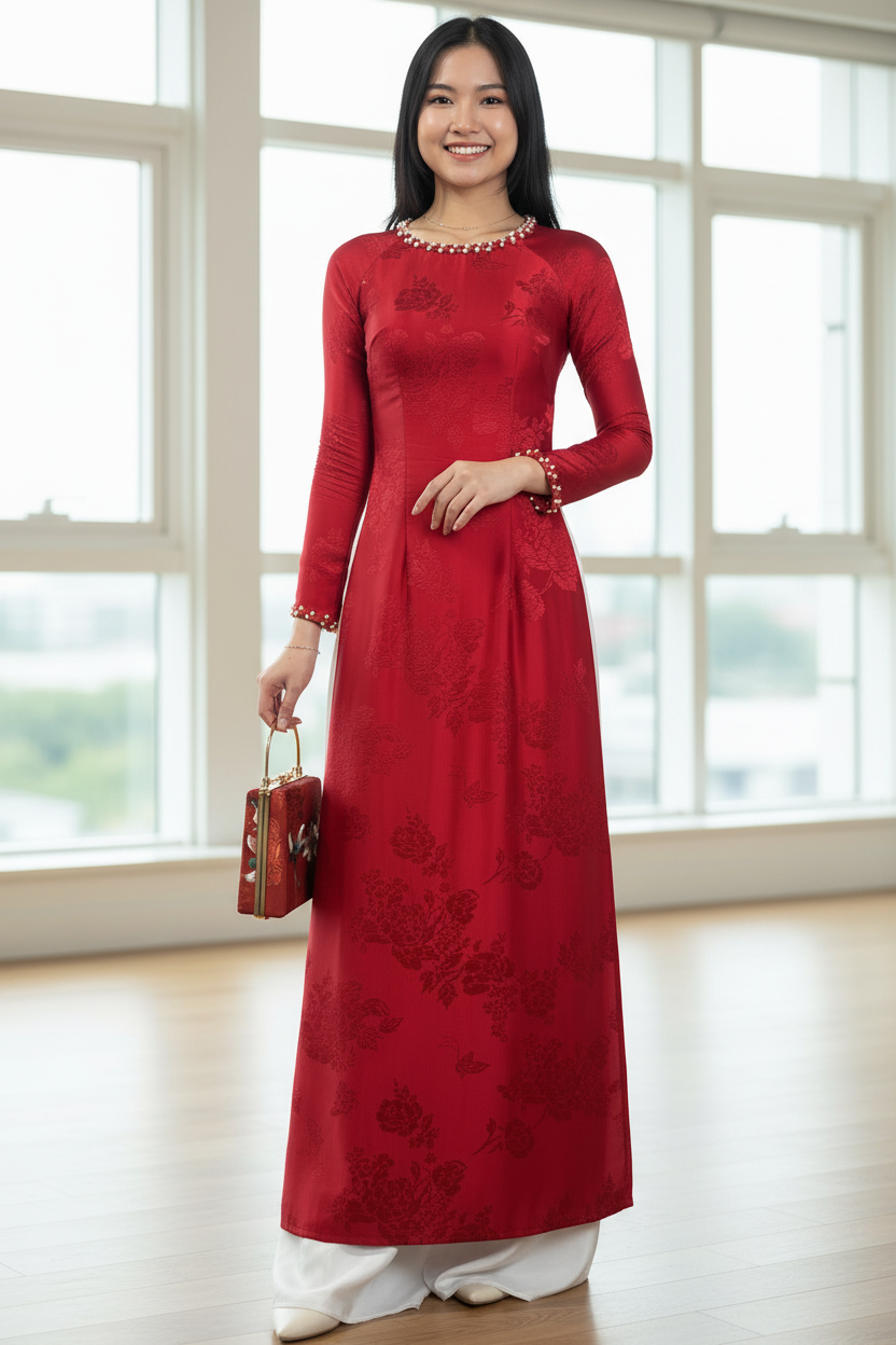 A59 - Áo Dài Silk Óng Đỏ Kết Đá (Cổ Thuyền Cạn)