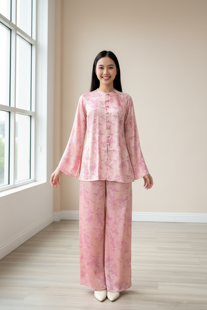 B30 - Set Áo Bà Ba Hồng Lụa lá Trúc | Kèm Quần