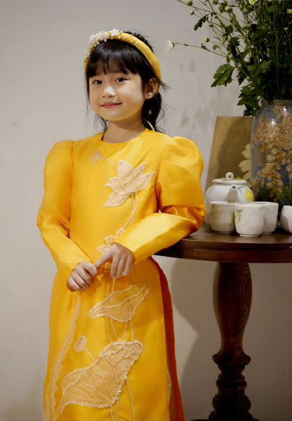 743 - Girl’s Áo Dài Kim Liên Golden Yellow - kèm váy (Family Ao Dai). Final sale (no return/exchange)