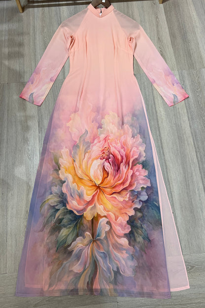 A28 - Áo Dài Chiffon In 4 Tà Hồng Cam