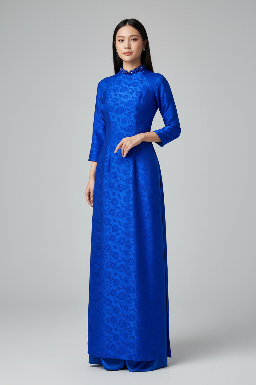 A30 - Áo Dài Lụa Ánh Kim Thái Tuấn Cobalt Blue (Cổ 2cm)