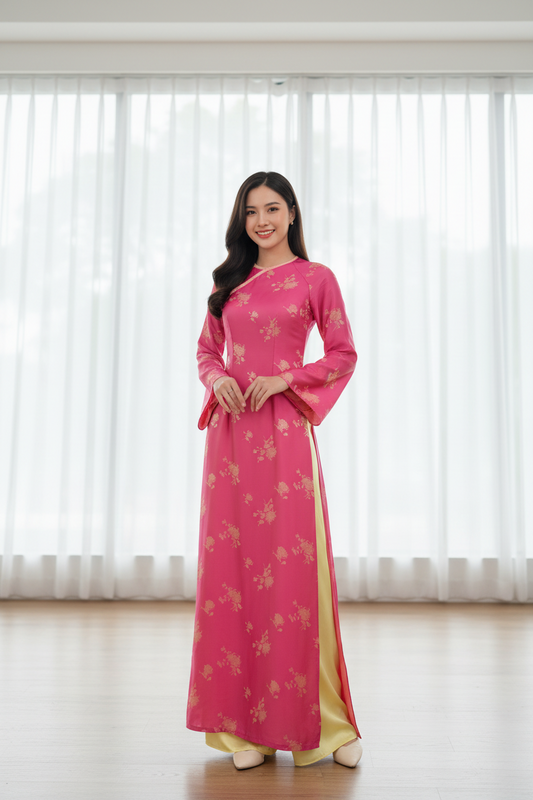 A116 - Áo Dài Lụa Gấm Thiên Cúc Hồng Sen