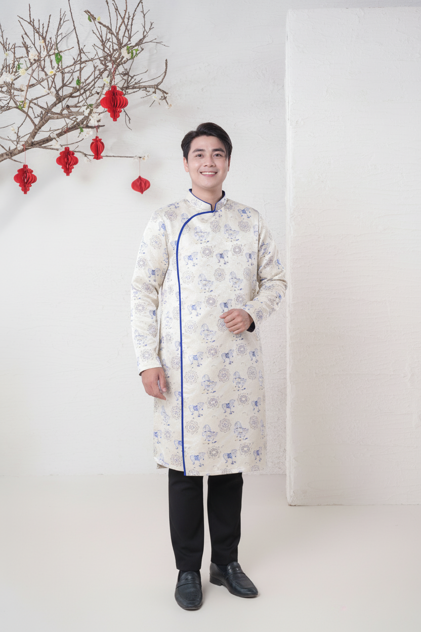 D13 - Men’s Áo Dài Gấm Ngựa Trắng/Xanh