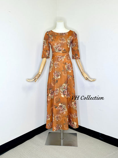 D74 - Orange Brown Flowers Sabrina Neck Long Dress