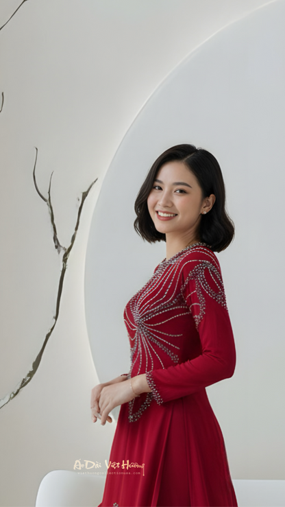 A34 - Áo Dài Lụa Hai Da Thiết Kế Đỏ Đô
