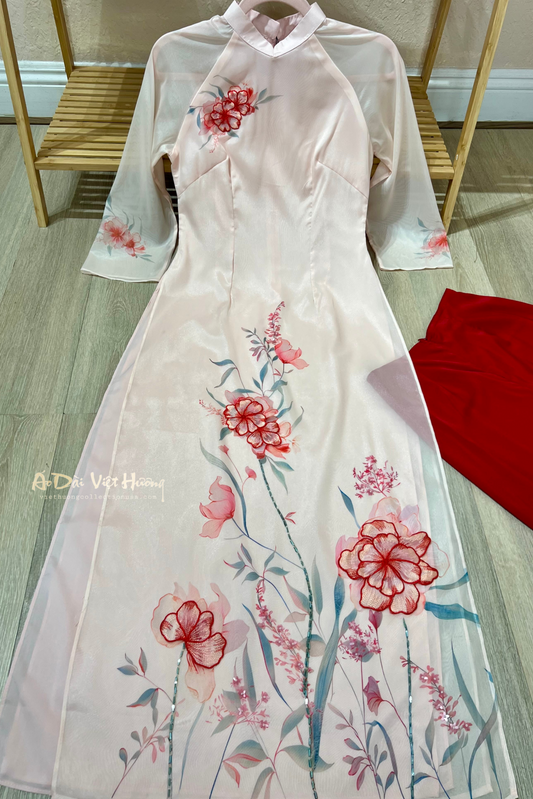 A36 - Set Áo Dài Cách Tân Hồng Kem hoa nổi | Kèm Quần