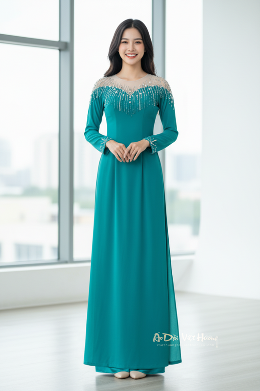 A74 - Áo Dài Chiffon 4 Tà Design Xanh Lý
