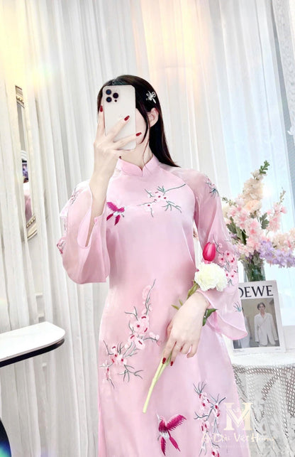 A32 - Set Áo Dài Dáng Suông Thêu Tơ Hồng 2 lớp (Kèm Quần Lotus Pink)