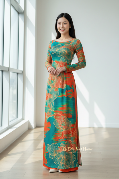 A48 - Áo Dài lụa Ánh Sao Cam/Xanh