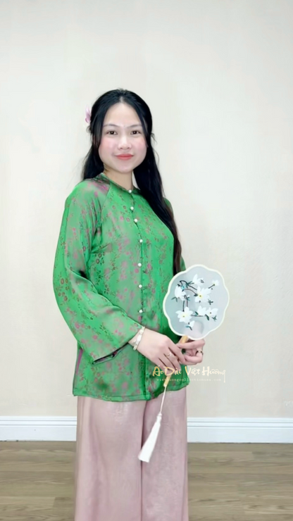 B4 - Áo Bà Ba Gấm Xanh hoa nhí hồng | Áo Only