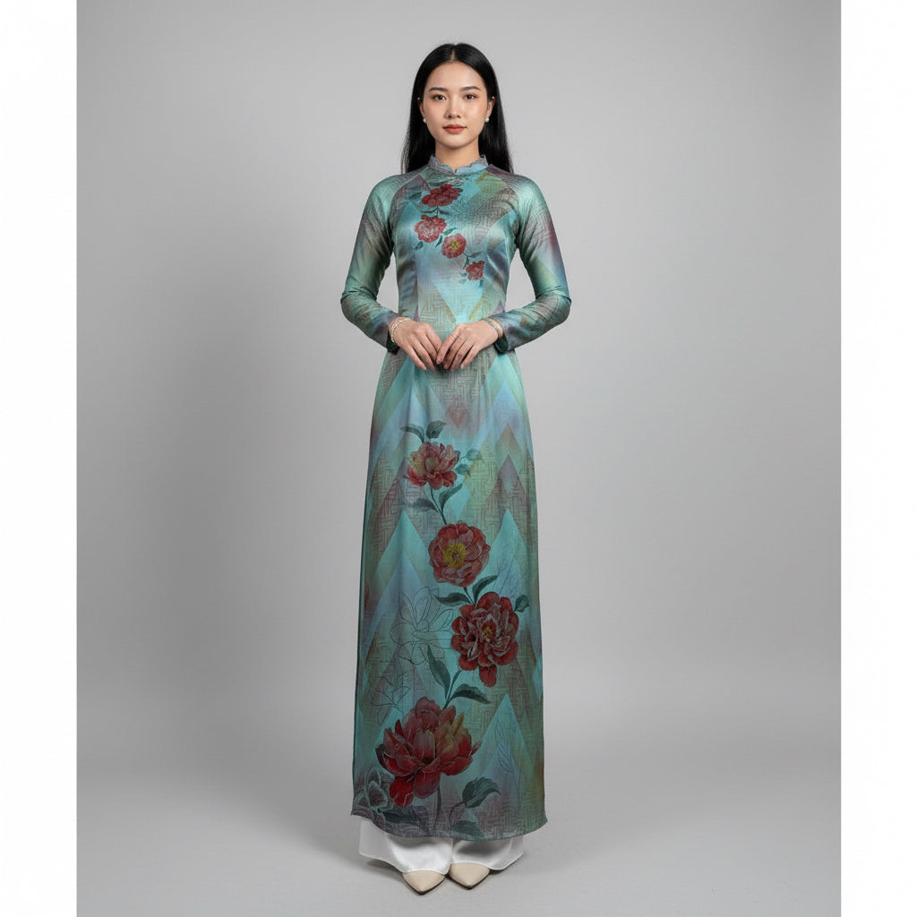 A11 - Áo Dài Lụa Ánh Sao Xanh Ngọc Sang. Final sale - Áo bị xước (no return/exchange)