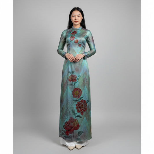 A11 - Áo Dài Lụa Ánh Sao Xanh Ngọc Sang. Final sale - Áo bị xước (no return/exchange)