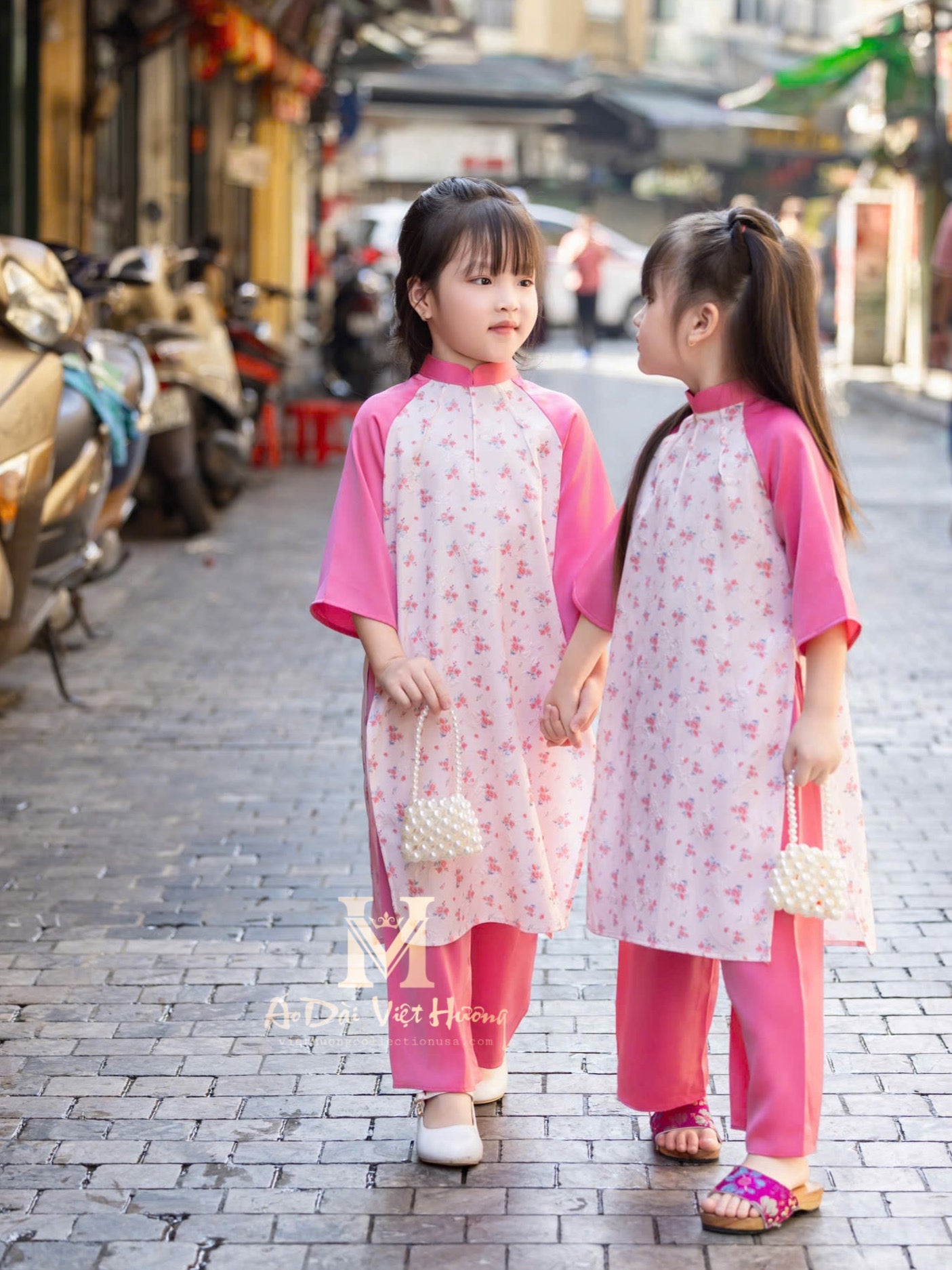 F4 - Pink Little Flowers Girl’s Set Áo Dài (Mom & Girl)