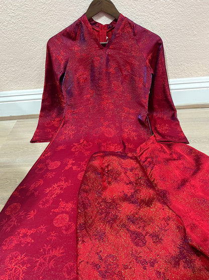 AD55 - Set Áo Dài Tơ Song Kim Red/Purple | Kèm quần