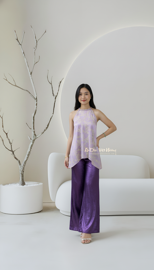 A76 - Áo Yếm Gấm Tím Cà Gấm Hoa Tigon