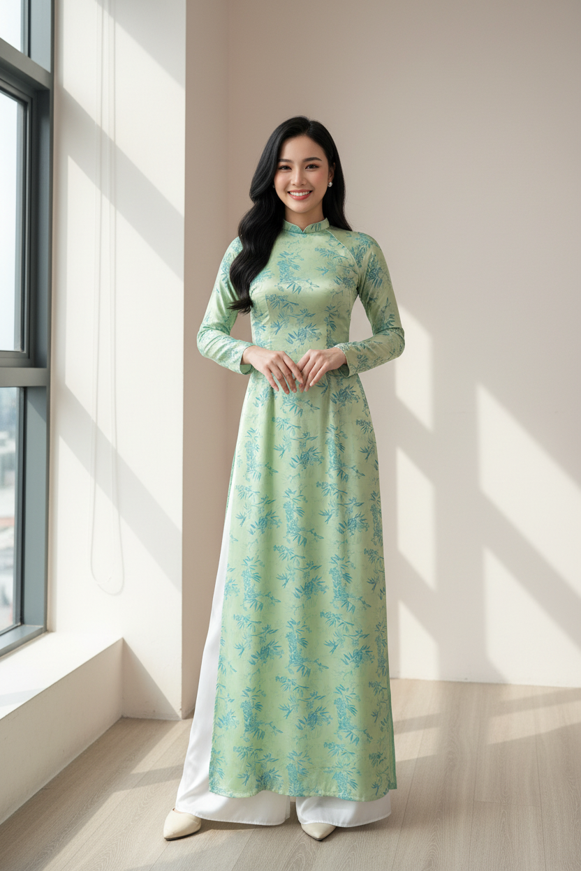 A15 - Áo Dài Lụa Gấm Lá Trúc Turquoise (Cổ 2cm)
