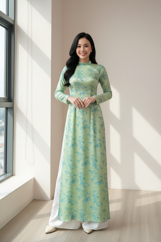 A15 - Áo Dài Lụa Gấm Lá Trúc Turquoise (Cổ 2cm)