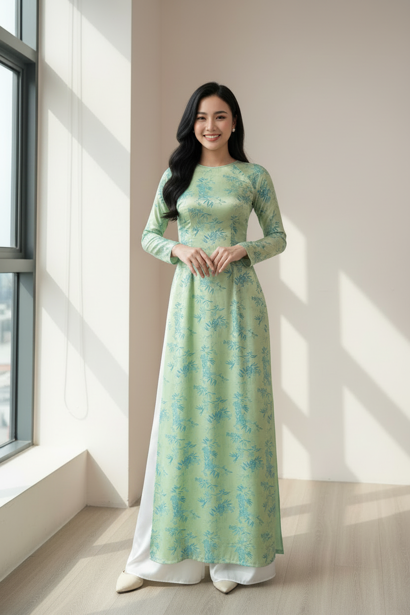 A16 - Áo Dài Lụa Gấm Lá Trúc Turquoise (Cổ tròn)