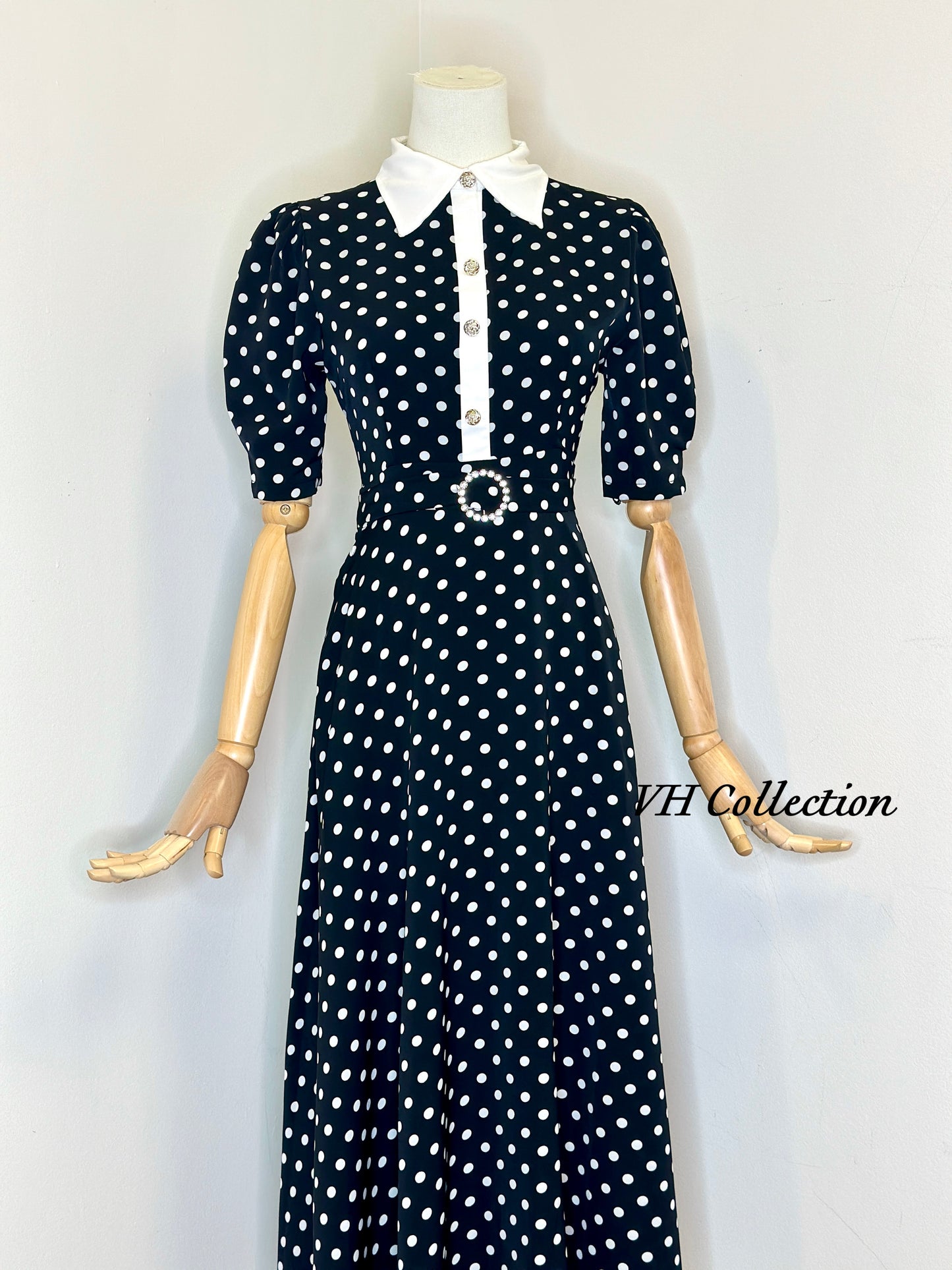 D80 - Polka Dot Black and White Shirt Collar Long Dress