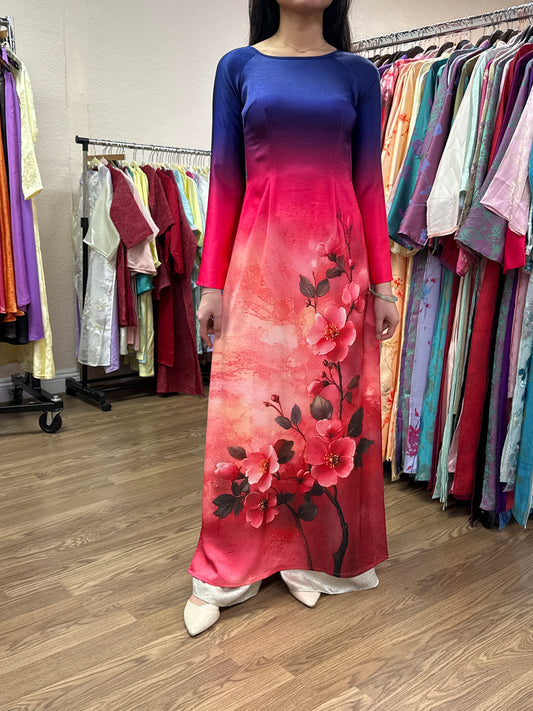 A71 - Áo Dài Lụa Tiêu Giao Xanh Tím loang màu