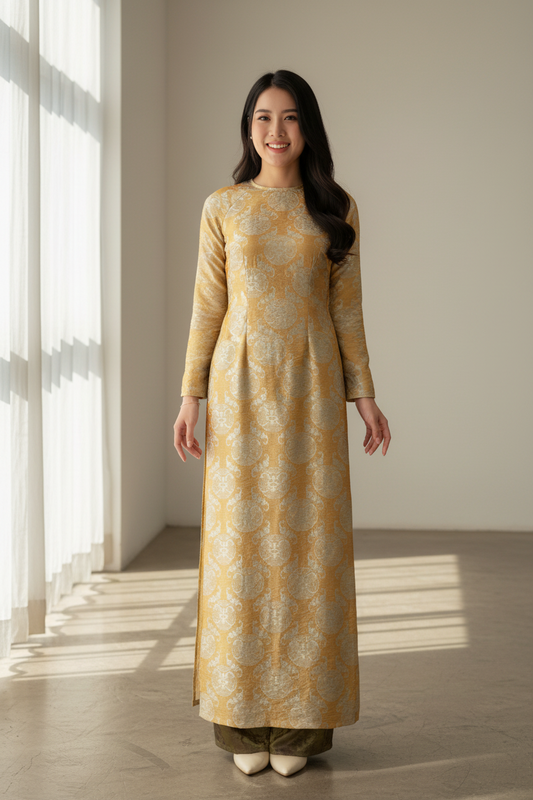 A111 - Set Áo Dài Tencel Cam Đồng (kèm quần xanh rêu)