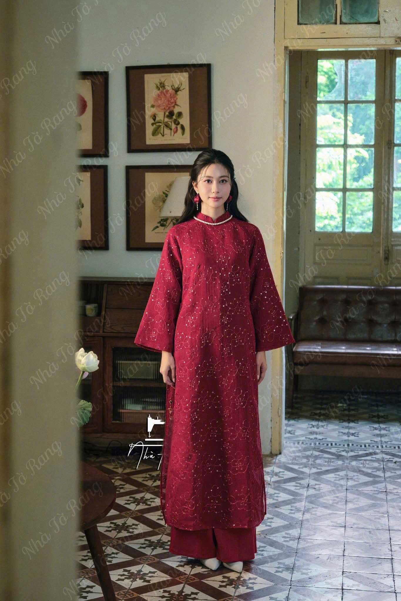 A25 - Set Áo Dài Cách Tân Sequin Lưới Đỏ Đô (Kèm quần nhũ)