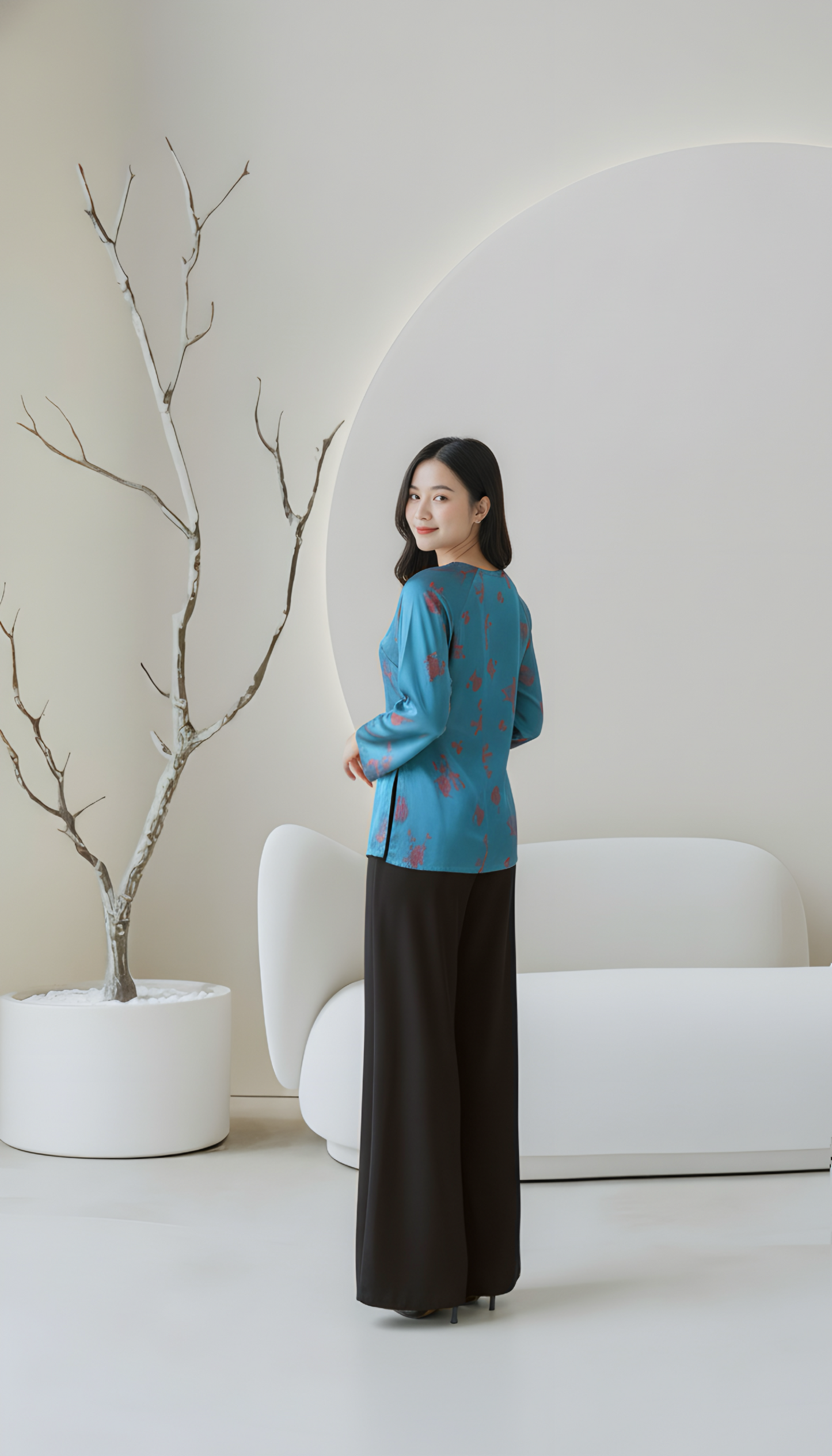 B2 - Áo Bà Ba Gấm Lụa Thiên Cúc Blue Teal