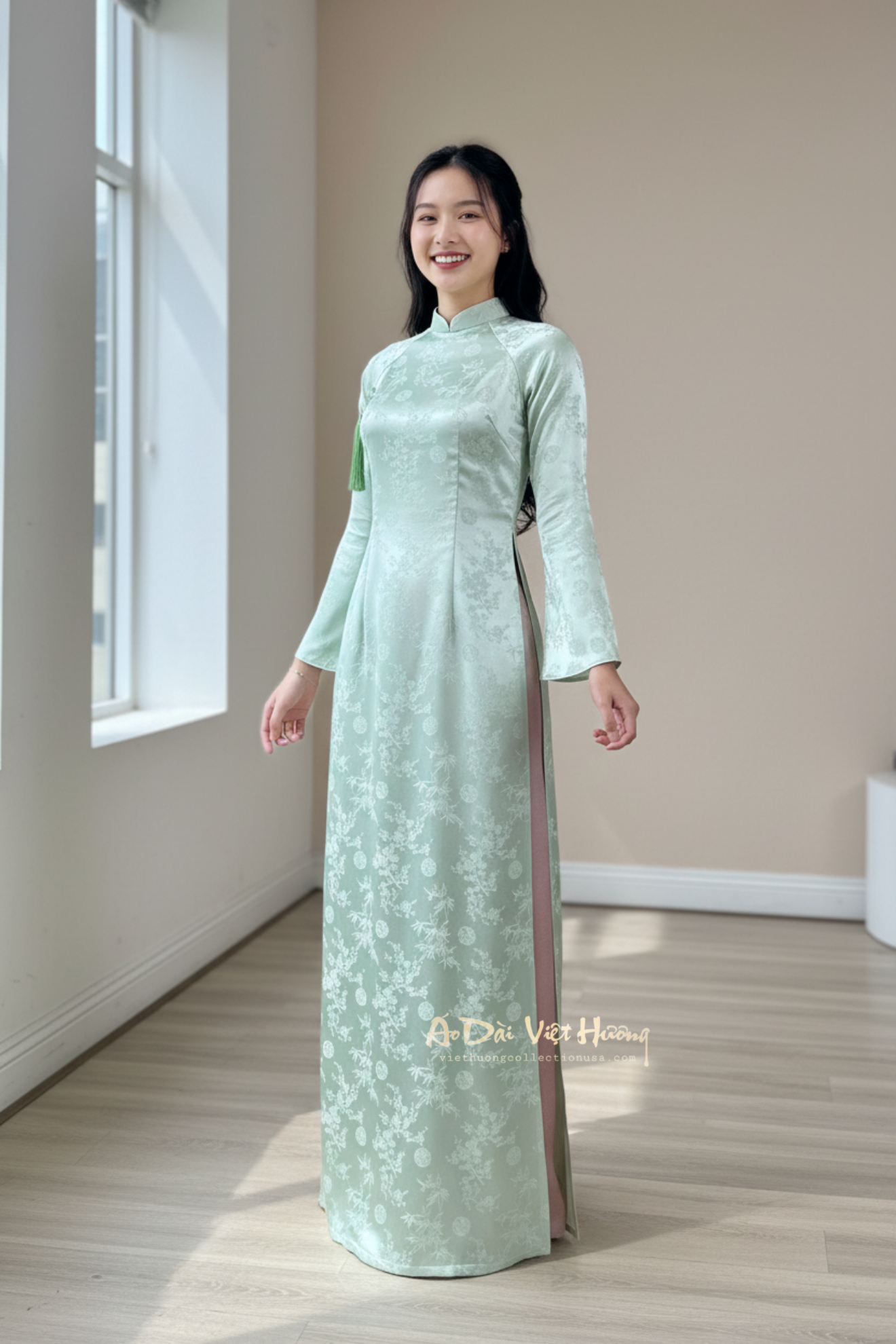 A102 - Áo Dài Gấm Lụa Trúc Đào Xanh Mint