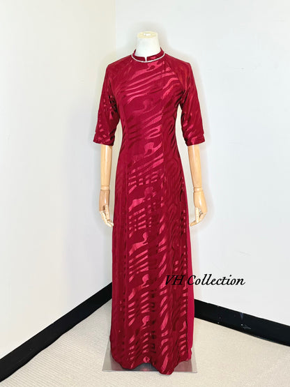 D39 - Áo Dài Dress Wine Red Triple Layers