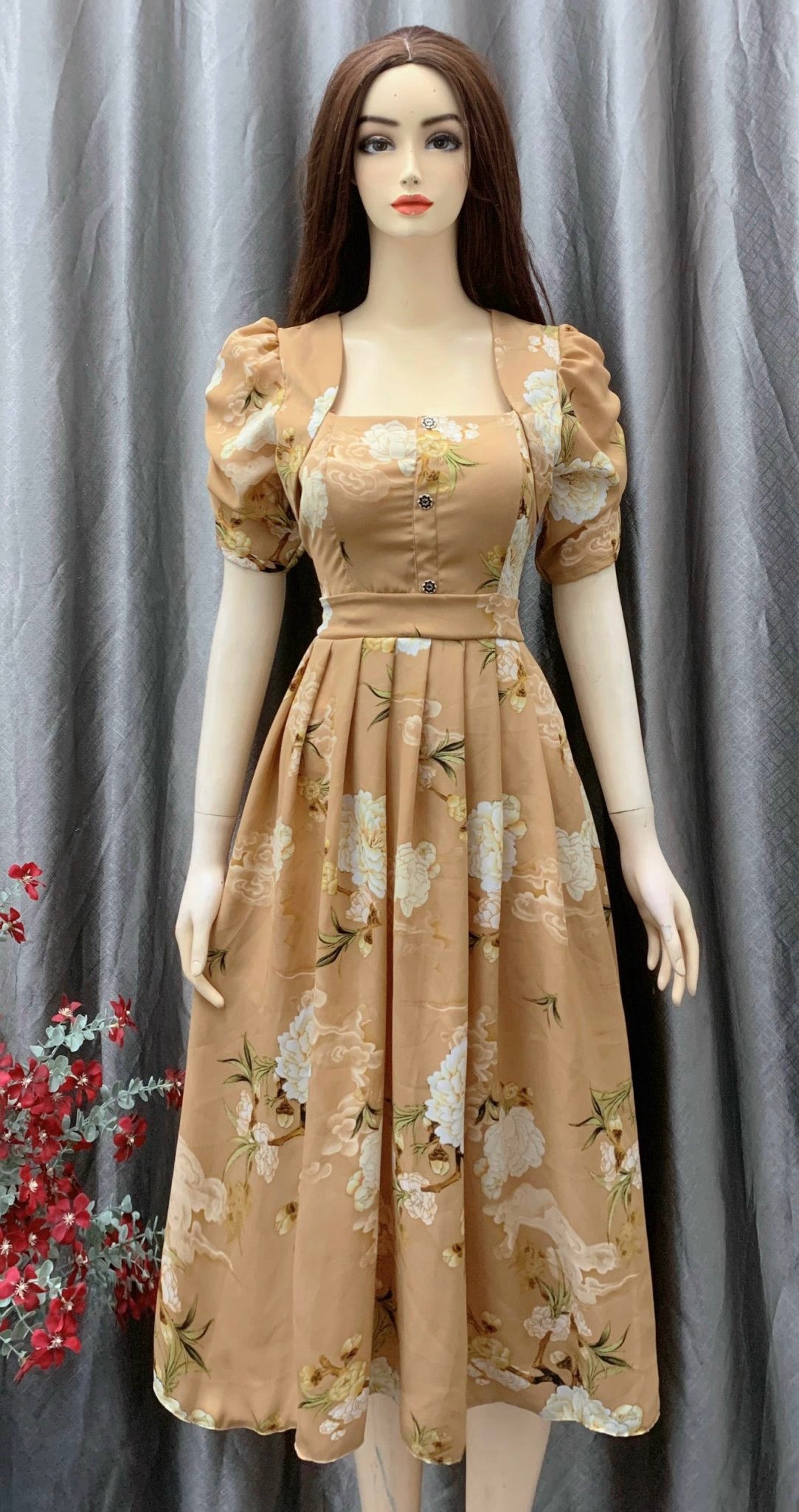 D94 - Midi Dress Cổ Nữ Hoàng Nâu Sang