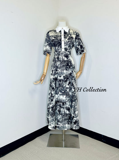 D81 - Black and White Pattern Shirt Collar Long Dress