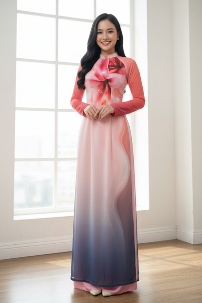 A16 - Áo Dài Chiffon 4 Tà Hồng/Xám | Áo Only