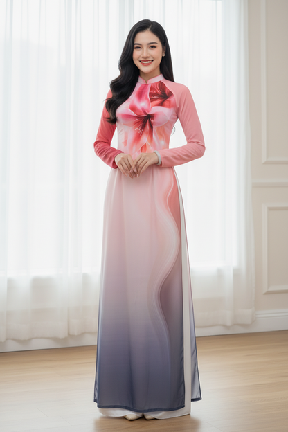 A16 - Áo Dài Chiffon 4 Tà Hồng/Xám | Áo Only