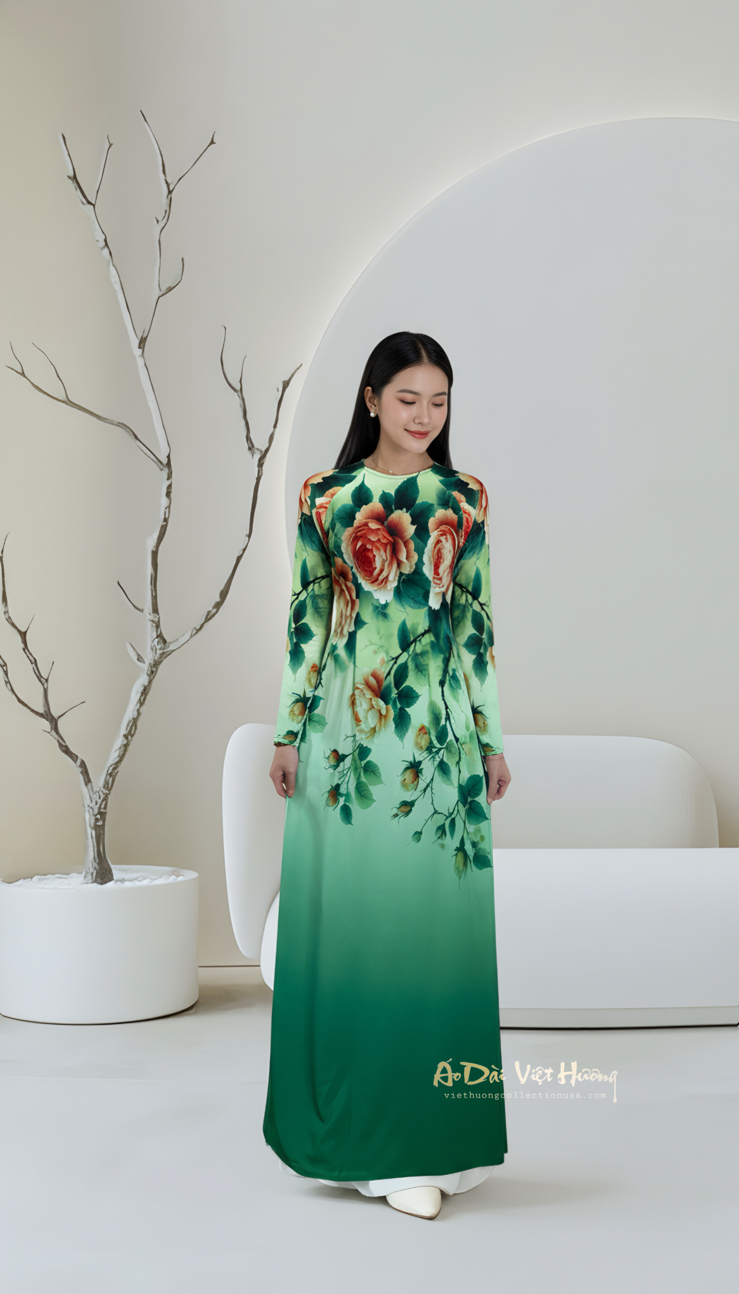 A48 - Áo Dài Voan Chiffon In 4 Tà Xanh Hoa Mẫu Đơn