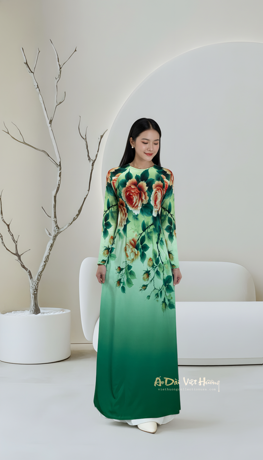 A48 - Áo Dài Voan Chiffon In 4 Tà Xanh Hoa Mẫu Đơn