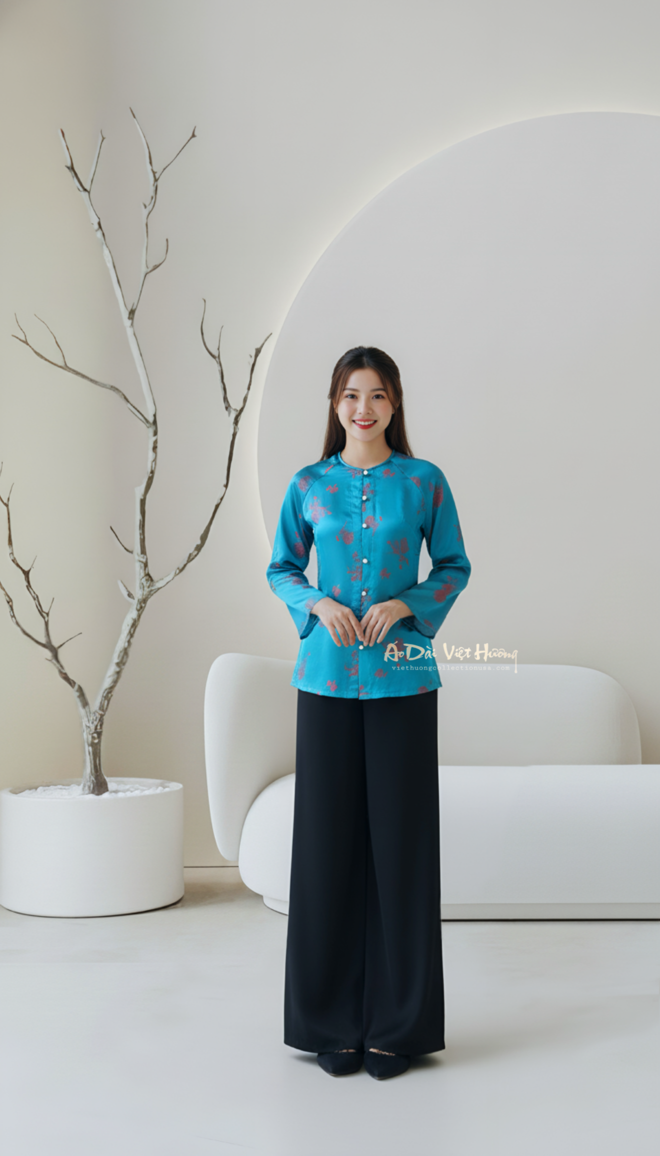 B2 - Áo Bà Ba Gấm Lụa Thiên Cúc Blue Teal