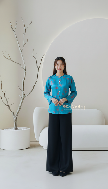 B2 - Áo Bà Ba Gấm Lụa Thiên Cúc Blue Teal