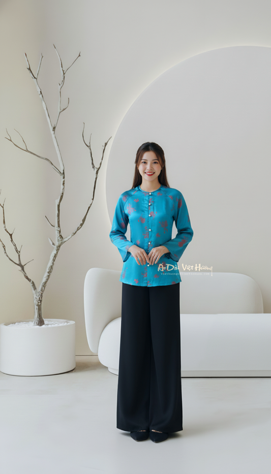 B2 - Áo Bà Ba Gấm Lụa Thiên Cúc Blue Teal