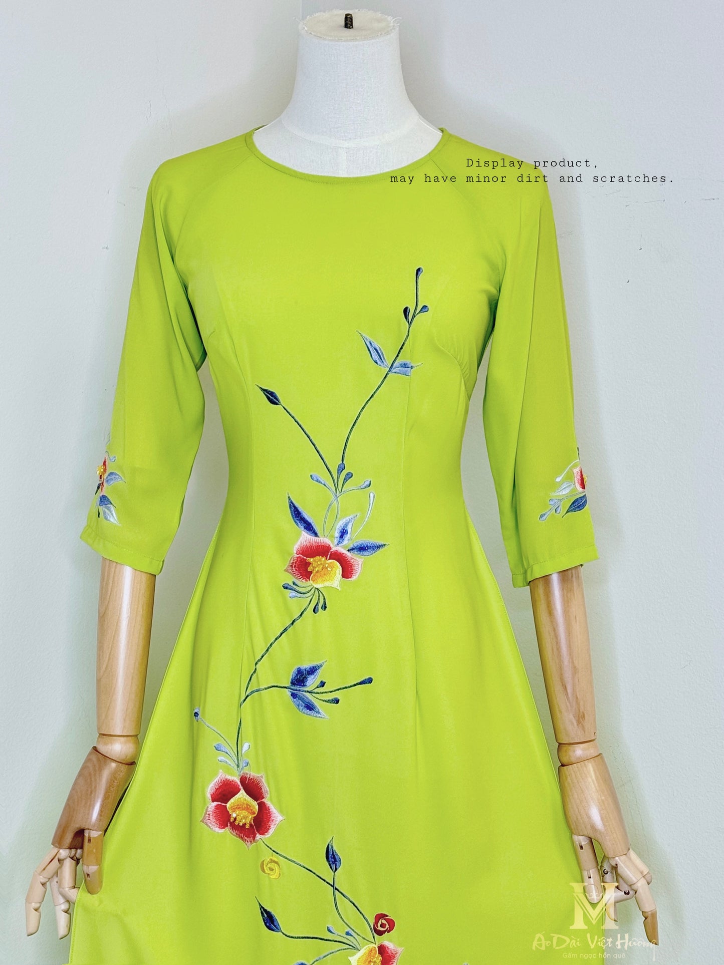 TK141 - Designed Embroidery Áo Dài Bright Neon Green. *Display Product (Final Sale)