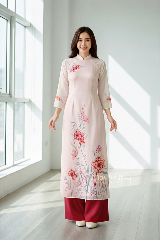 A36 - Set Áo Dài Cách Tân Hồng Kem hoa nổi | Kèm Quần