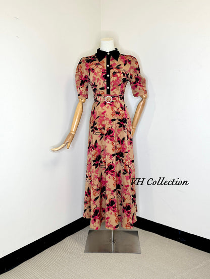 D82 - Nude Pink Flowers Shirt Collar Long Dress. Final sale (no return/exchange)