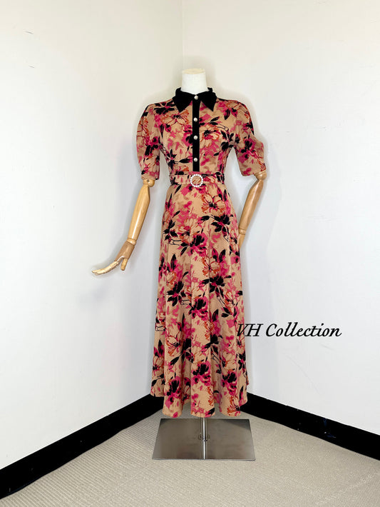 D82 - Nude Pink Flowers Shirt Collar Long Dress