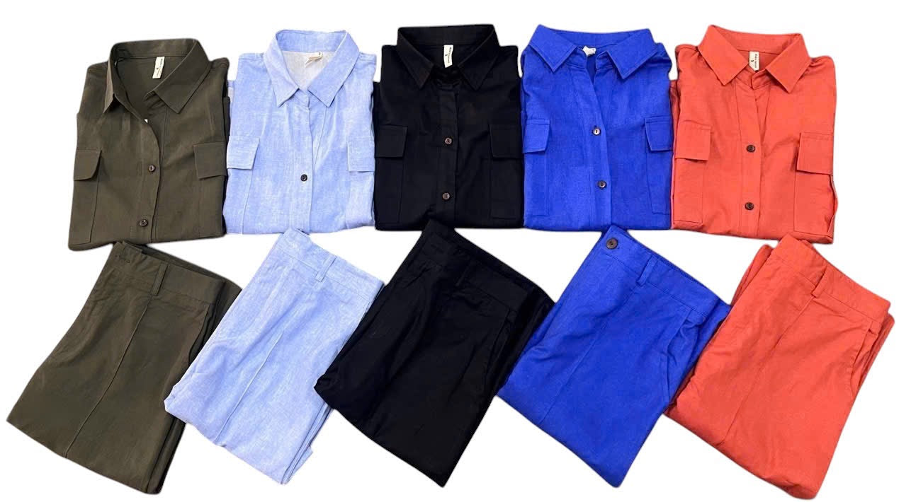 L103->107 - Short-Sleeve Shirt & Wide-Leg Pants Set | Linen Blend