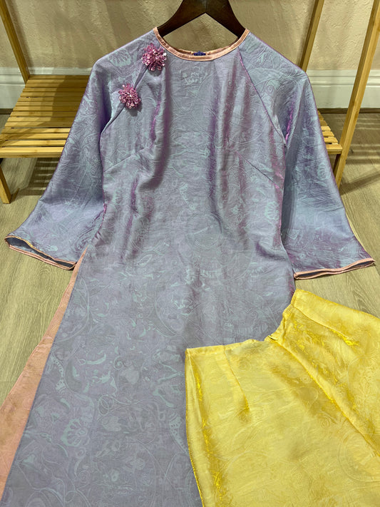 A36 - Set Áo Dài Tencel 4 Tà Tim/Hồng | Kèm Quần Vàng