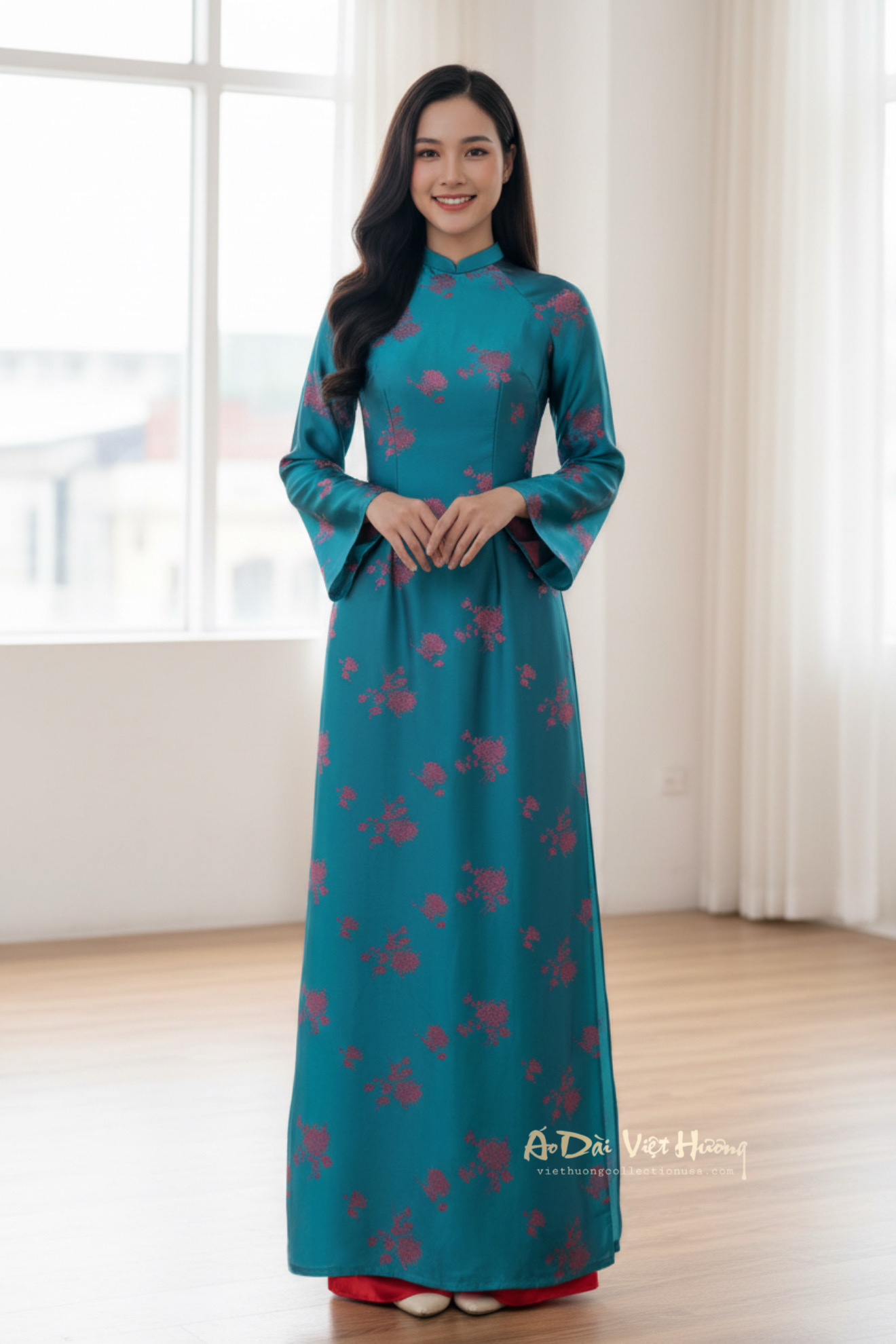 A138 - Áo Dài Gấm Lụa Thiên Cúc Xanh/Đỏ