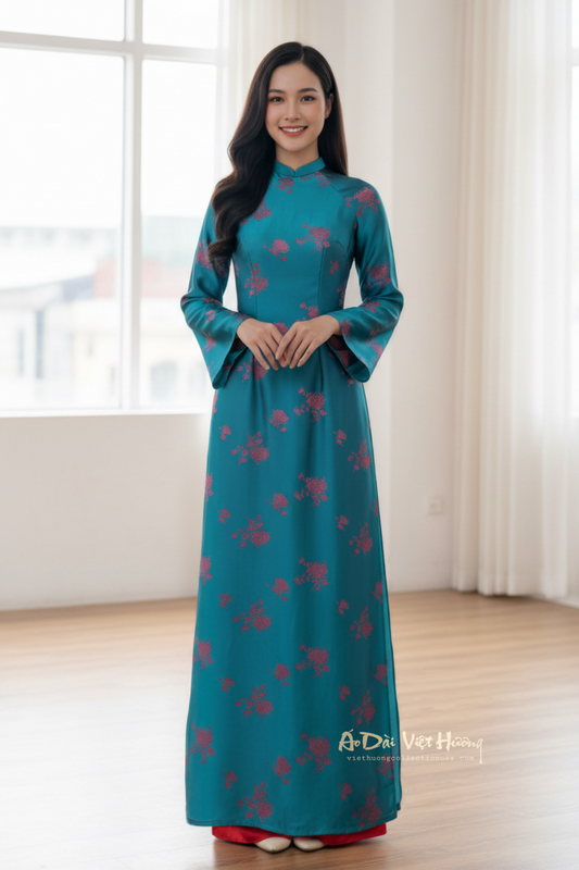 A138 - Áo Dài Gấm Lụa Thiên Cúc Xanh/Đỏ