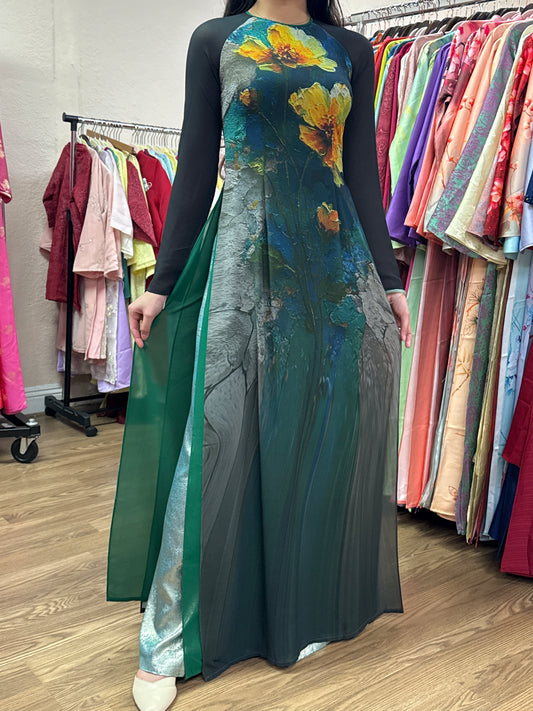 A37 - Áo Dài Chiffon In 4 Tà Xanh Lá/Đen