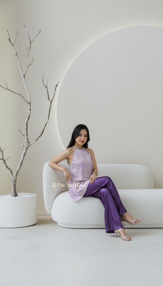 A76 - Áo Yếm Gấm Tím Cà Gấm Hoa Tigon