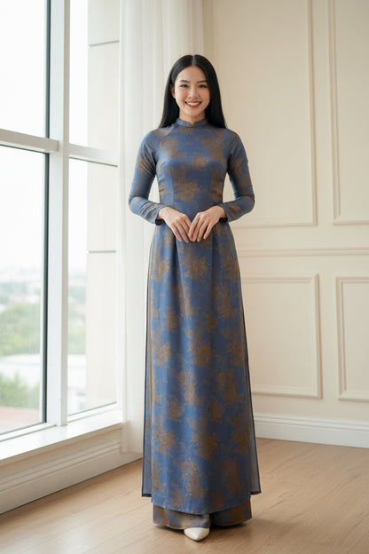 A41 - Áo Dài Gấm Lụa Hai Da Nâu/Tím Xanh | Áo Only