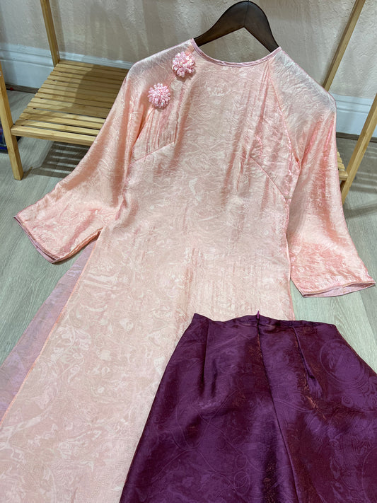 A35 - Set Áo Dài Tencel 4 Tà Hồng/Tím | Kèm Quần Tím